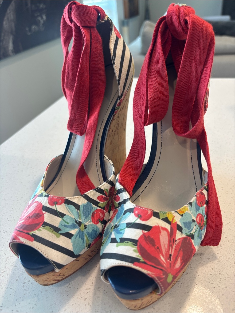 Nine West Floral & Striped Ankle-Tie Cork Wedge Sandals - Women's Size 10
